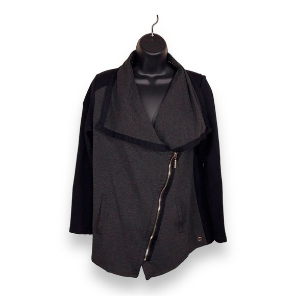 MEDIUM CALVIN KLEIN MOTO BLAZER JACKET GREY BLACK STRETCH ZIP CLOSURE WOMENS - Picture 1 of 11